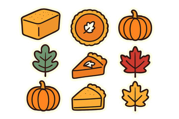 Autumn harvest and Thanksgiving food stickers featuring pumpkin pie slices and colorful fall leaves