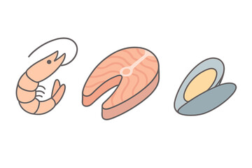 Raw salmon steak, pink shrimp, and blue mussel shell selection on white background