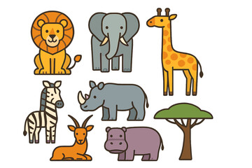 Fototapeta premium Simple flat design collection of African safari animals and savanna tree icons