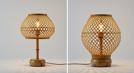 Two woven bamboo lantern style table lamps with warm light