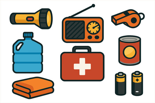 Essential items for emergency preparedness including flashlight radio first aid kit water and batteries