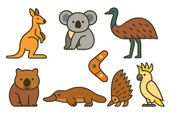 Iconic Australian wildlife set featuring kangaroo, koala, emu, platypus, and traditional boomerang