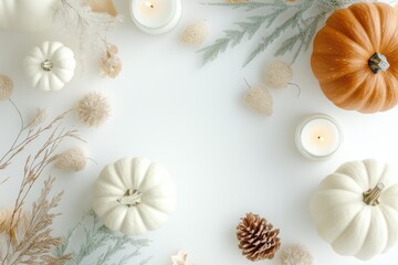 Fototapeta premium Minimalist autumn arrangement with pumpkins, candles, and natural elements on white background