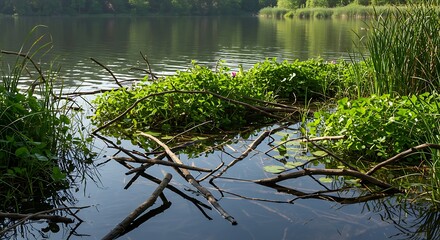 Calm lake scene with floating foliage, submerged branches, green shores reflecting the sun