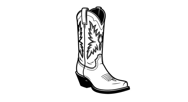 Black and white illustration of a classic cowboy boot with decorative stitching and heel