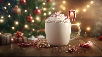 Fototapeta premium Festive hot chocolate with whipped cream and candy cane decoration in holiday setting