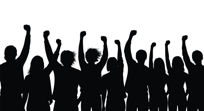 Dynamic concept of collective human power expressed through a silhouette of people raising fists, embodying protest, unity, and determination for social change