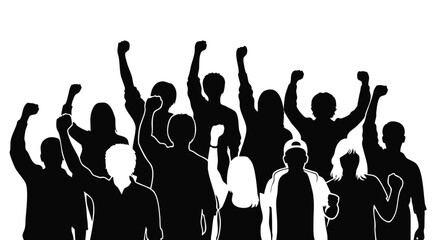A group of people with raised fists in a silhouette, symbolizing protest, solidarity, and revolution