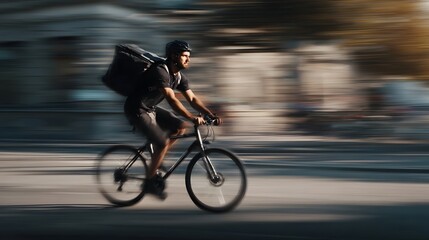 Fototapeta premium A dynamic bicycle courier speeds through a busy urban street with a large delivery bag