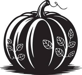 Naklejka premium Pumpkin Black and White Illustration,Vintage Pumpkin Drawing with Leaves,Autumn Harvest Pumpkin Vector Art