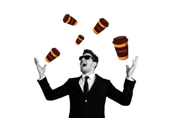 Composite photo collage of excited businessman throw coffee cup takeout order americano break...