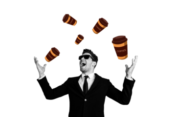 Composite photo collage of excited businessman throw coffee cup takeout order americano break beverage isolated on painted background