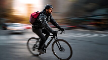 A focused cyclist with a backpack rides a bicycle through a blurred city street during the day