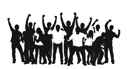 Crowd of people cheering with raised arms in silhouette, symbolizing unity and support
