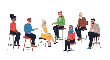 Diverse group of people of different ages and ethnicities in a group therapy session or support meeting, sitting in a circle and communicating