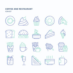 Coffee and restaurant outline color icon set, Its including icons like bread sandwich, donut, french fries and pizza
