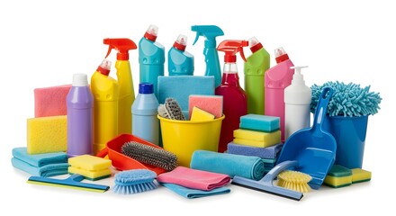 Assortment of colorful cleaning supplies including bottles, brushes, sponges, and cloths arranged together