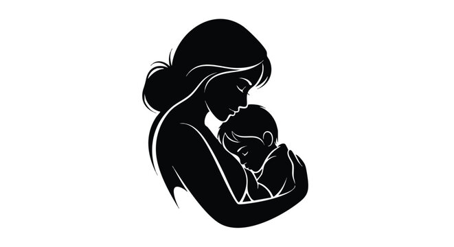Elegant black and white silhouette of a mother gently holding her newborn baby, a symbol of maternal love and care