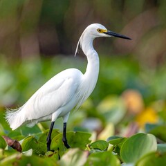 Fototapeta premium A white wading bird with black legs and a long, pointed beak stands in water