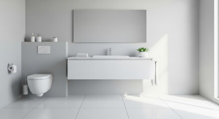 Fototapeta premium Modern minimalist bathroom with white vanity and toilet