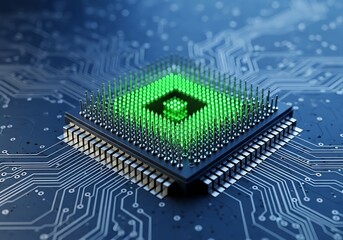 Closeup, macro view of a modern computer microchip processor with glowing green circuitry and intricate pins, set against a dark, blurred blue background of electronic pathways