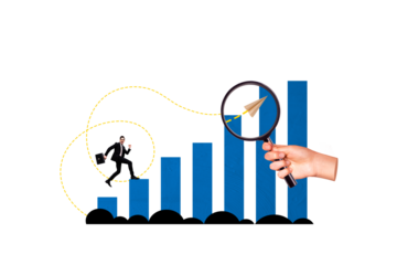 Sketch image composite of collage of workspace stats trader business income money young guy businessman career promotion loupe zoom arrow