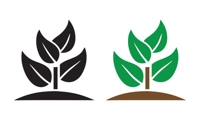 Plant Growth Icons. Black and Green Eco Sprout Designs with Soil Base for Nature and Sustainability Graphics.