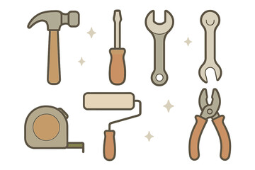 Home repair and construction tools collection including hammer wrench and paint roller