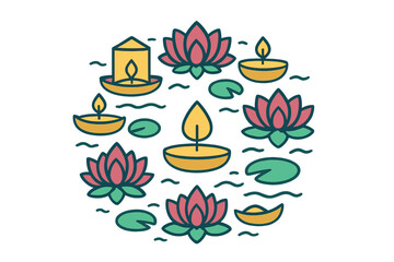 Colorful arrangement of floating lotus flowers and traditional oil lamps on water surface