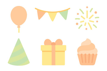 Pastel colored birthday and party celebration icons set including balloon gift and cupcake