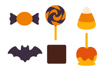 Halloween sweets collection with candy corn, lollipop, chocolate, caramel apple, and spooky bat