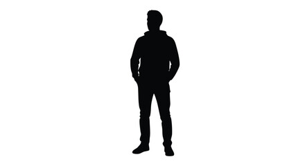 Silhouette of a Man Standing Confidently with Hands in Pockets on a White Background