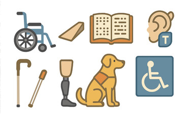 Accessibility icons set featuring wheelchair, guide dog, prosthetic leg, braille book, and ramp symbols