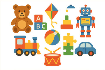 Colorful set of classic childhood toys including a teddy bear, robot, train, and building blocks