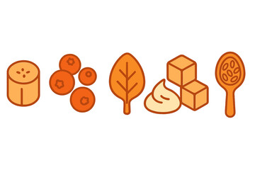 Stylized collection of food ingredients: banana, berries, leaf, cream, sugar cubes, and spoon