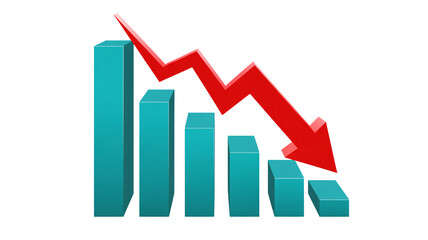 3d bar graph shows steep downward trend with red arrow symbolizing loss decline business financial crisis