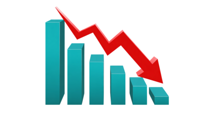3d bar graph shows steep downward trend with red arrow symbolizing loss decline business financial crisis