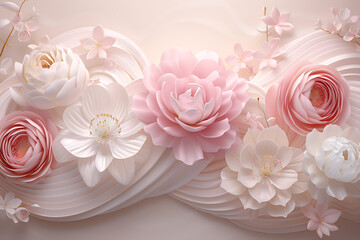 ピンクと白の花が重なる立体的な装飾背景　優雅で華やかな印象のデザイン