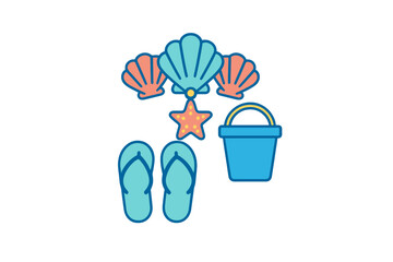 Colorful collection of summer beach items: seashells, starfish, flip-flops, and sand bucket