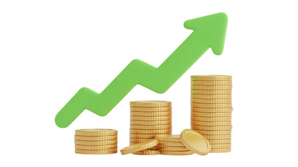 3d financial growth chart with upward green arrow and golden coins representing business success and investment returns
