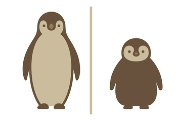 Cute adult penguin and small fluffy chick standing side by side in a minimal graphic style