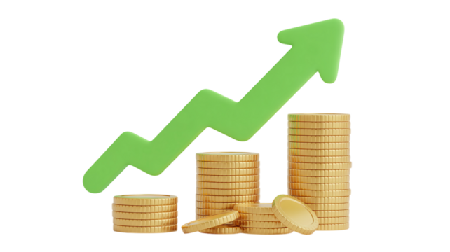 3d financial growth chart with upward green arrow and golden coins representing business success and investment returns