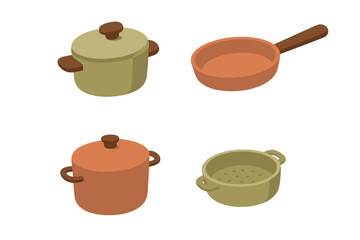 Isometric collection of kitchen cookware including pots, frying pan, and steamer basket