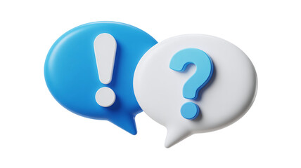 Two 3d speech bubbles with exclamation mark and question mark symbols communicating ideas and questions
