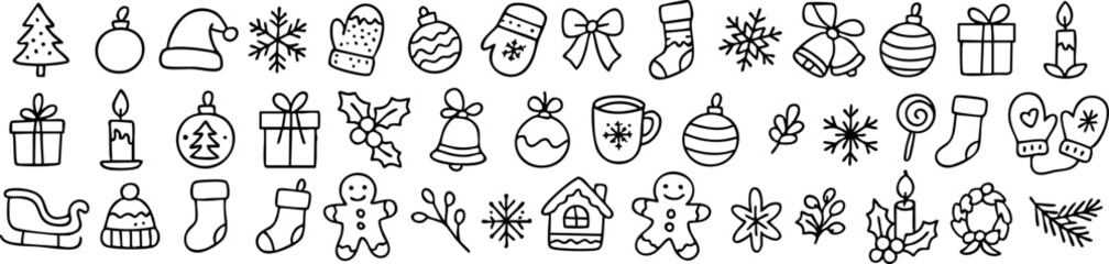 Set of cute hand-drawn Christmas doodles in black outline style. Includes tree, gifts, mittens, snowflakes, bells, candles, stockings, and gingerbread elements