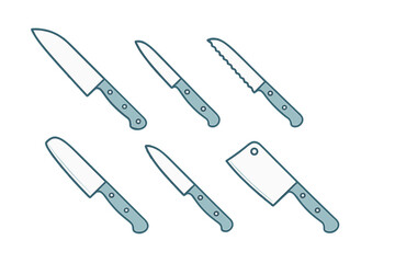 Collection of professional kitchen knives and sharp culinary utensils for food preparation