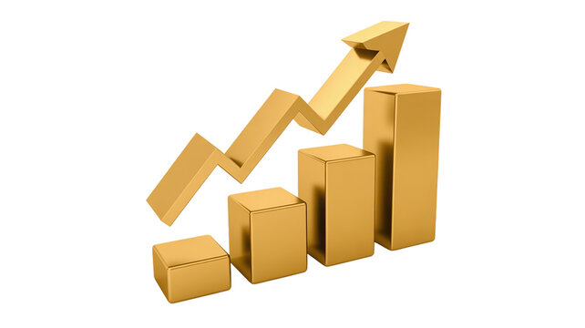 Golden 3d bar chart and arrow symbolizing business growth success and upward financial trends