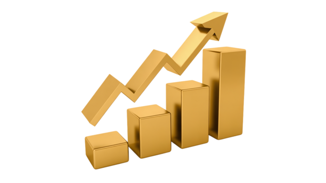 Golden 3d bar chart and arrow symbolizing business growth success and upward financial trends - Powered by Adobe