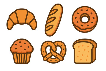 Six outline baked goods: croissant, baguette, donut, muffin, pretzel, and sliced bread