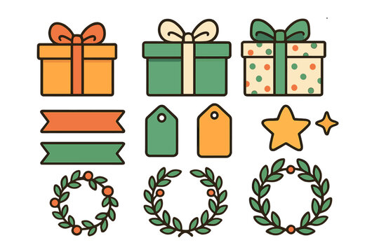 Festive collection of holiday gift boxes ribbons tags stars and decorative laurel wreaths - Powered by Adobe